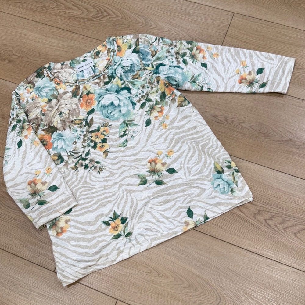 Alfred Dunner Floral Zebra Print Embellished Neck Blouse Teal Orange Small